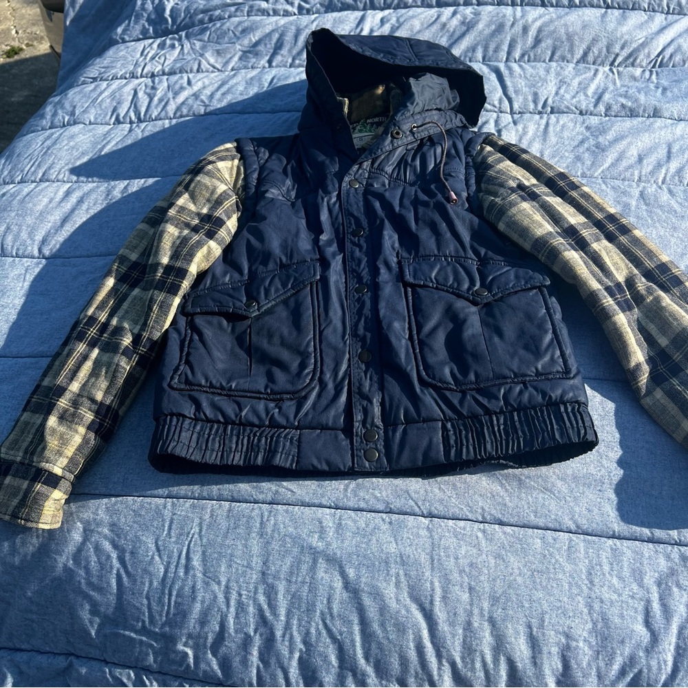 Vintage Deep North Blue/Brown Puffer Vest Over Plaid Wool Coat Size Small